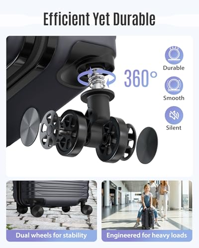 LIGHT FLIGHT Expandable Carry On Luggage 22x14x9 Airline Approved with Double Spinner Wheels, 20 Inch Lightweight Hard Shell Rolling Suitcases with TSA Lock, Black