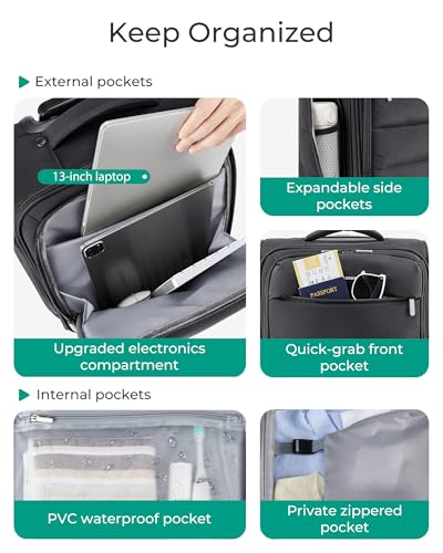 BAGSMART Underseat Carry on Luggage with Wheels, Soft Small Travel Luggage with PVC Wet/Dry Pockets, Lightweight Soft Personal Item Suitcase for Short Trip, Black