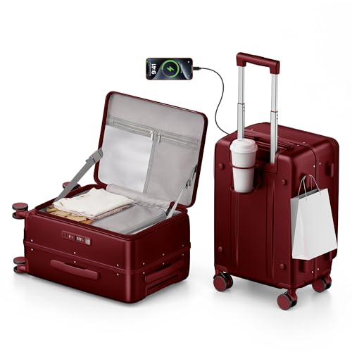 ISLAND ELEPHANT 20 Inch Carry On Luggage with Cup Holder and USB Port, Top Opening Hard Shell Suitcase with TSA Lock, Spinner Wheels, Airline Approved Lightweight, Woman Men Gifts-Wine Red