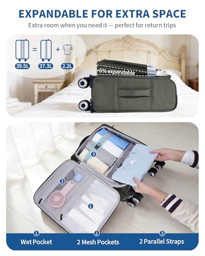 ECOHUB Carry On Luggage Airline Approved, 21 Inch Height Softside Carry On Suitcase with Spring Shock-Absorbing Spinner Wheels, Lightweight Travel Luggage with TSA Lock, Fits 22x14x9 Carry-On Bag