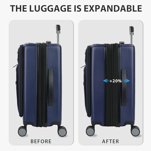 KROSER Hardside Expandable Carry On Luggage 22x14x9 Airline Approved With Front Business Pockets, 20 Inch Suitcases with Wheels, Carry on Suitcase with TSA Lock & USB Port, Navy