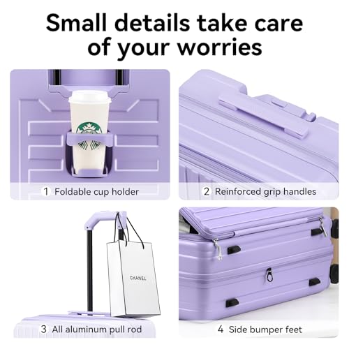 ROAMING 20 Inch Carry On Luggage Expandable Front Opening Rolling Vacation Suitcase with Spinner Wheels and TSA Lock Cup Holder PC Hard Shell Travel Trolley Case for Shout Business Trips purple