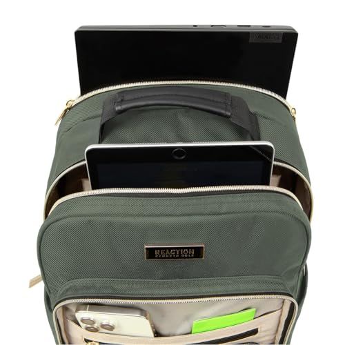 Kenneth Cole REACTION Chelsea 2-Piece Bundle - 20" Chevron Expandable 8-Wheel Carry-On Suitcase & Matching 15" Laptop Backpack, Olive
