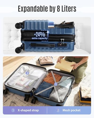 LIGHT FLIGHT Expandable Carry On Luggage 22x14x9 Airline Approved with Double Spinner Wheels, 20 Inch Lightweight Hard Shell Rolling Suitcases with TSA Lock, Blue