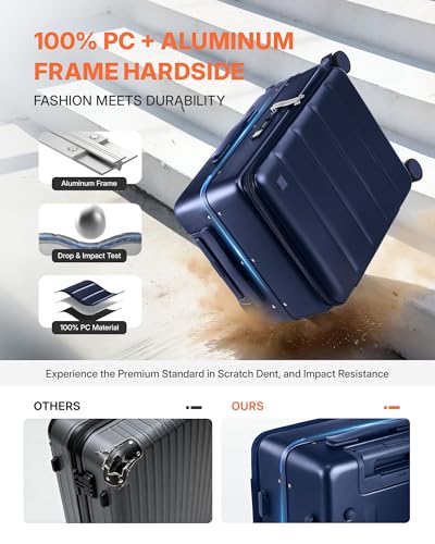 ISLAND ELEPHANT 20 Inch Carry On Luggage with Cup Holder and USB Port, Top Opening Hard Shell Suitcase with TSA Lock, Spinner Wheels, Airline Approved Lightweight, Woman Men Gifts-Navy Blue