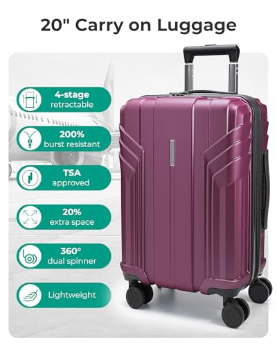 BAGSMART Expandable Carry On Luggage 22x14x9 Airline Approved, Purplish Red
