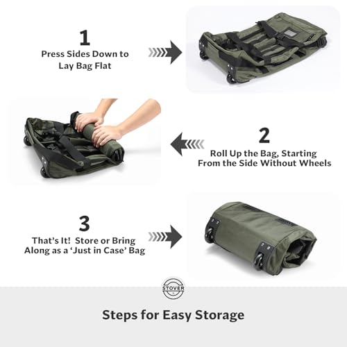 STOVER 45/100L Carry-On U-Zip Rolling Duffel Bag with Wheels, Medium Durable Travel Duffle w/Toiletry Bag, Heavy-Duty, Packable w/Shoulder Straps- Use as Luggage or Backpack, Men/Women (Green)