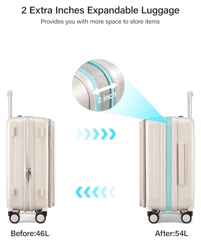 Hanke 20 Inch Expandable Carry On Luggage Airline Approved Top Opening Hard Shell Suitcases with Wheels Lightweight Travel Luggage Carry On Suitcase for Woman Men-Ivory White