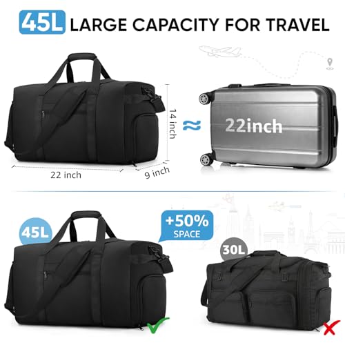 ETRONIK Carry On Luggage 22x14x9 Airline Approved, 45L Waterproof Duffle Bag for Travel, Lightweight Carry on Travel Duffel Bags with Shoe Compartment, Weekender Overnight Gym Bag for Men Women, Black