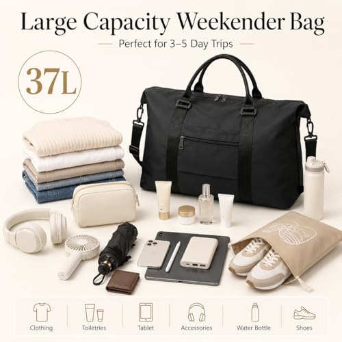 Travel Duffle Bag, Weekender Travel Bag Men Small Gym Bag for Women, Hospital Bag for Labor and Delivery, Overnight Bag Luggage Bag with Trolley Sleeve, Airplane Travel Essentials for Flying(Black)