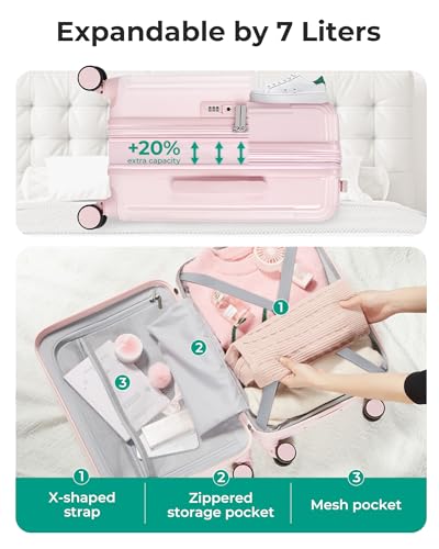 BAGSMART Carry On Luggage 22x14x9 Airline Approved with Spinner Wheels,100% PC Hardside Expandable Luggage with TSA Lock for Trips, 20 Inch Rolling Suitcases for Men Women,Pink