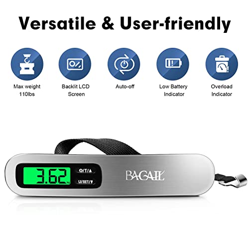 BAGAIL Digital Luggage Scale,110lbs Hanging Baggage Scale with Backlit LCD Display,Portable Suitcase Weighing Scale,Travel Luggage Weight Scale with Hook,Strong Straps for Travelers(Silver)