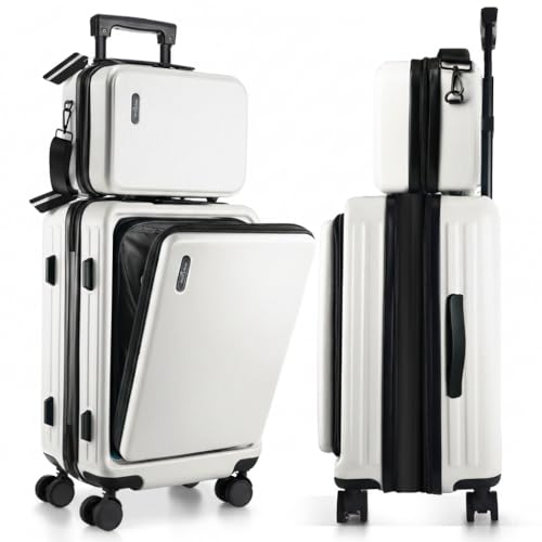 TRAVELARIM 22 Inch Carry On Luggage 22x14x9 Airline Approved, Small Carry On Suitcase, Hard-shell Carry-on Luggage with Wheels, Durable Expandable White Luggage Carry-On with Cosmetic Case