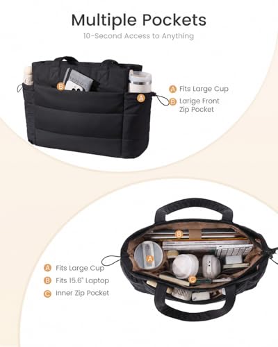 LOVEVOOK Tote Bag for Women with Giant Tumbler Holder Pocket, Puffer Work Travel Handbag with Zipper for Nurse Teacher, Quilted Cute Laptop Shoulder Purse with Compartments for Office Gym, Black
