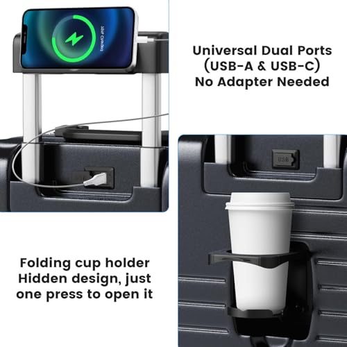 TIYFIY 20 Inch Carry on Luggage with Cup Holder, Airline Approved 22x14x9 Aluminum Frame PC Hard Shell Suitcase, 360° Spinner Wheels, TSA Lock for Short Trips and Business Travel