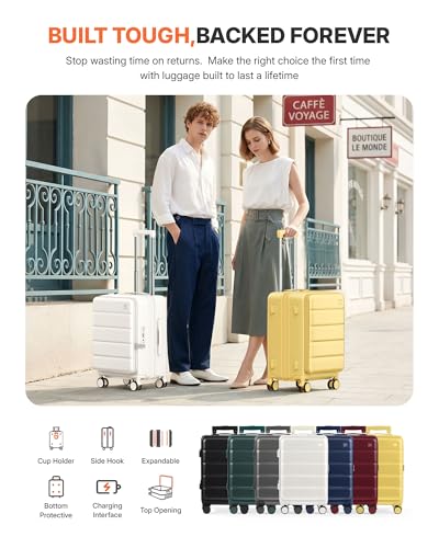ISLAND ELEPHANT Expandable 20Inch Carry On Luggage Airline Approved - Top Opening Hardside Travel Suitcase Unbreakable -with Cup Holder,USB Charge,Side Pothook, 360°Spinner Wheels, TSA Lock-Yellow