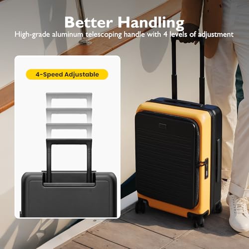 LEVEL8 Top Opening Carry on Luggage with Narrow Trolley Handle, Large Suitcases with Wheels Airline Approved, Expandable Hardside Luggage with Spinner Wheel for Men Women, 20 Inch, Yellow