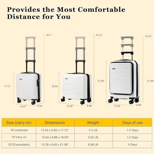 CENSIEN 16 Inch Underseat Carry On Luggage Airline Approved, Expandable Lightweight ABS+PC Hard Shell Suitcases with 360° Spinner Wheels, TSA Lock, YKK Zipper, for Business Weekender (White, 1 PC)