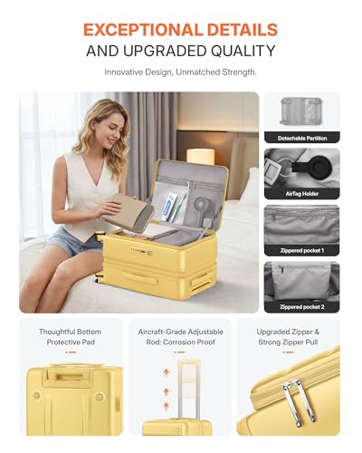 ISLAND ELEPHANT Expandable 20Inch Carry On Luggage Airline Approved - Top Opening Hardside Travel Suitcase Unbreakable -with Cup Holder,USB Charge,Side Pothook, 360°Spinner Wheels, TSA Lock-Yellow