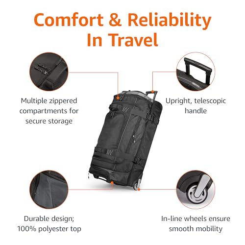 Amazon Basics 30-Inch Large Rolling Duffel Bag with Wheels and Handle, Durable Ripstop Polyester, 2 Layers of Space, Multiple Interior and Exterior Pockets, Black
