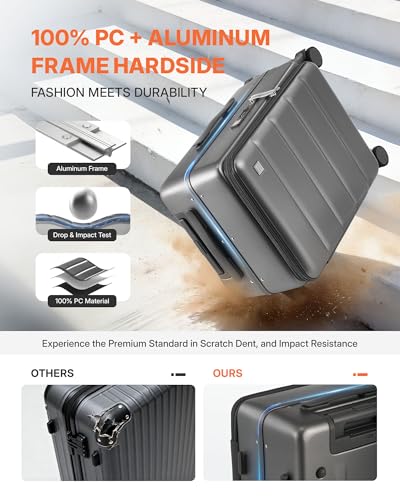 ISLAND ELEPHANT 20 Inch Carry On Luggage with Cup Holder and USB Port, Top Opening Hard Shell Suitcase with TSA Lock, Spinner Wheels, Airline Approved Lightweight, Woman Men Gifts-Grey
