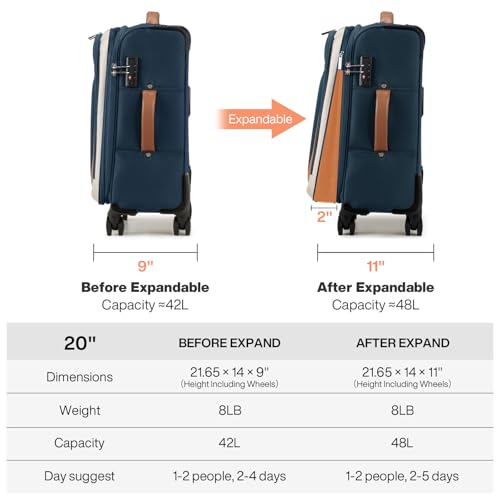 mixi Carry On Luggage 20 Inch Softside Expandable Suitcase with Front Pocket, 22x14x9 Airline Approved Rolling Lightweight Travel Suitcases with Wheels & TSA (Deep Blue-Off White)