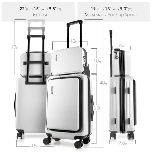 TRAVELARIM 22 Inch Carry On Luggage 22x14x9 Airline Approved, Small Carry On Suitcase, Hard-shell Carry-on Luggage with Wheels, Durable Expandable White Luggage Carry-On with Cosmetic Case