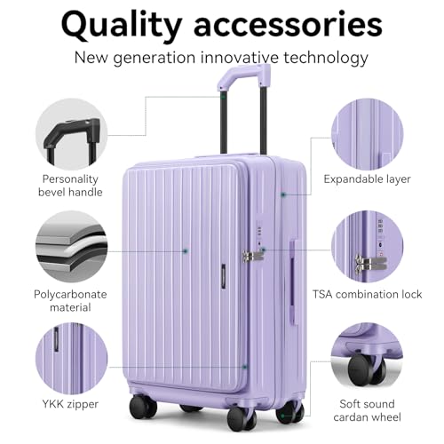 ROAMING 20 Inch Carry On Luggage Expandable Front Opening Rolling Vacation Suitcase with Spinner Wheels and TSA Lock Cup Holder PC Hard Shell Travel Trolley Case for Shout Business Trips purple