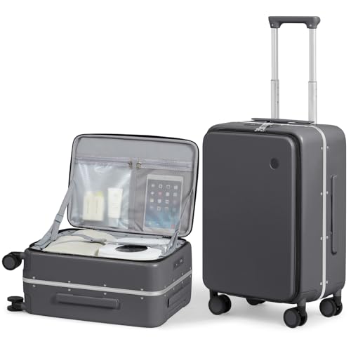 mixi 20 Inch Carry On Luggage 22x14x9 Airline Approved PC Hard Shell Suitcase Top Opening Aluminum Frame Travel Suitcases with Wheels, Rock Gray