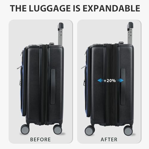 KROSER Hardside Expandable Carry On Luggage 22x14x9 Airline Approved With Front Business Pockets, 20 Inch Suitcases with Wheels, Carry on Suitcase with TSA Lock & USB Port, Black-Haze Blue