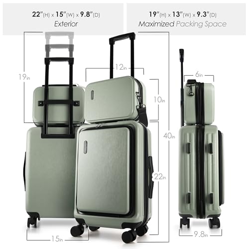 TRAVELARIM 22 Inch Carry On Luggage 22x14x9 Airline Approved, Small Carry On Suitcase, Hard-shell Carry-on Luggage with Wheels, Durable Expandable Sage Green Luggage Carry-On with Cosmetic Case