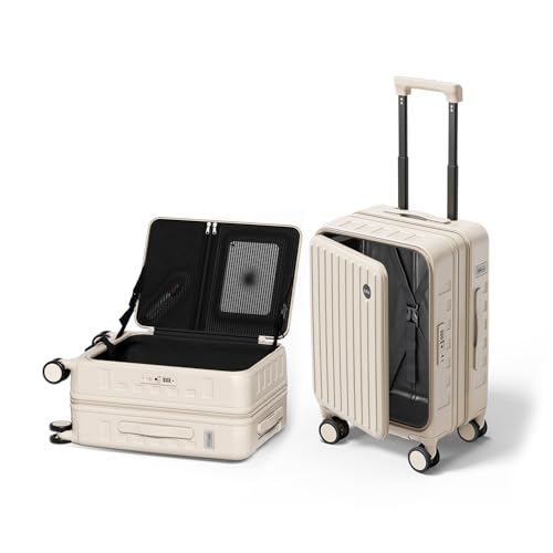 DTA Nova Top Opening Expandable Lightweight PC Hard Shell Suitcase, 20 Inch Carry On Luggage with TSA Lock, 360 Silent Spinner Wheels, Cup Holder, Ideal for Business Travel Suitcase (Beige)