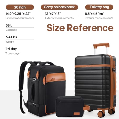 UKEIN Luggage Sets 3 Piece, Carry On Luggage 20In With Spinner Wheels,PC Hardside Suitcase Set with TSA Lock,Durable Carry On Suitcase With Travel Backpack for Men (Black, 3 piece set (20inch))