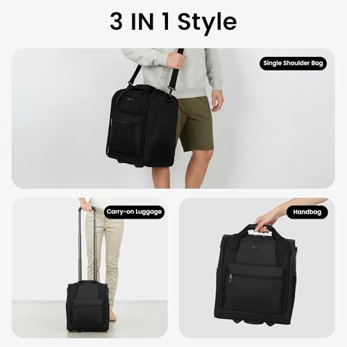 16'' Softside Carry-On Luggage for Airplane,3-in-1 Underseat Carry On Luggage with Wheels,Scratch-Resistant Surface,Lightweight Durable Rolling Suitcase for Men/Women Business Trip（16'',Black）
