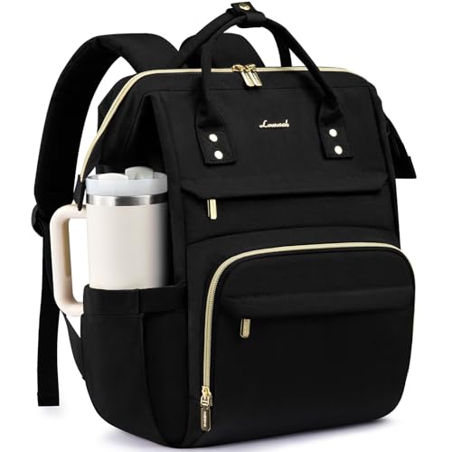 LOVEVOOK Laptop Backpack for Women with Giant Tumbler Holder Pocket,15.6 inch Waterproof Travel Backpack Purse Computer Laptop Bag,Professional Work College Nurse Teacher Backpack Casual Daypack,Black