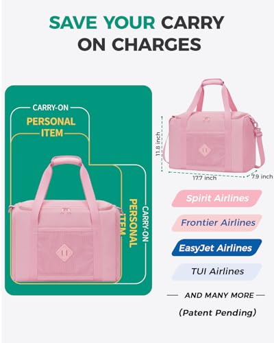 WANDF For Frontier Airlines Personal Item Bag 18x14x8, Travel Duffel Bags with Wet Pockets, Lightweight Carry on Weekender Overnight Duffle for Women (Pink)