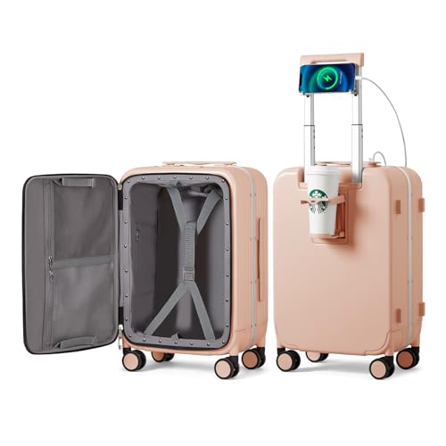 mixi Carry On Luggage with Cup Phone Holder and Charger Hard Shell Suitcases with Spinner Wheels,20 Inch Light Pink