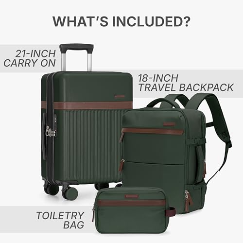 U.S. Traveler Vista Way 3-Piece Travel Set, 21-Inch Carry-on Hardside with TSA Lock, 18-Inch Travel Backpack with Laptop Sleeve, Toiletry Bag, Green