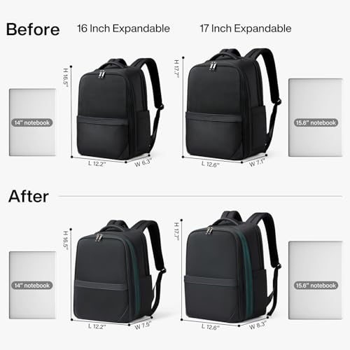 Hanke Expandable Travel Backpack 16 Inch, Full-Open Laptop Backpack Fits 15.6 Inch, Carry On Personal Item Bag with Luggage Strap, Business Work Backpack for Women Men, Black