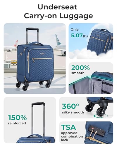 BAGSMART Underseat Carry On luggage Airline Approved, 16-inch Small Softside Underseater Travel Suitcase with Spinner Wheels Overnight Bag Small Rolling Carry-on for Women Men Weekender, Navy Blue