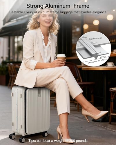 Hanke 20 Inch Carry On Luggage with Wheels PC Hard Shell Suitcase Top Opening Aluminum Frame Travel Luggage Suitcases for Woman Men Gifts.(Ivory White)