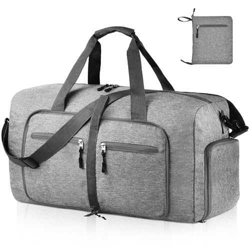 Dimayar 65L Travel Duffle Bag for Men Women - Foldable Duffel Bag with Shoes Compartment - Overnight Bags Waterproof & Tear Resistant(Gray)