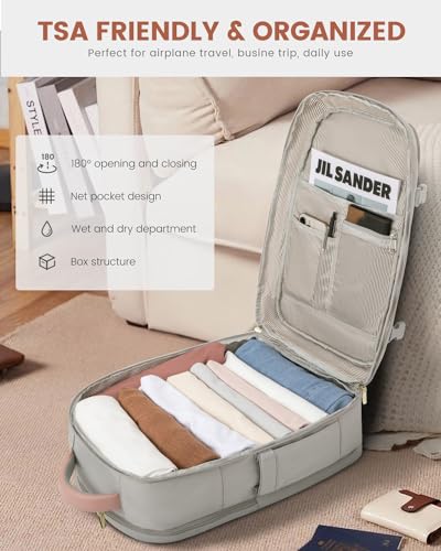 LOVEVOOK Travel Backpack For Women, 40L Carry On Backpack Flight Approved, TSA Personal Item Travel Bag Fits 17 Inch Laptop, Business Weekender Overnight Waterproof Daypack With 2 Cubes, Grey-Pink