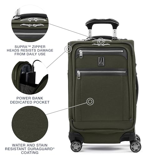 Travelpro Platinum Elite Softside Expandable Carry on Luggage, 8 Wheel Spinner Suitcase, USB Port, Suiter, Men and Women, Pilot Green, Carry On 21-Inch