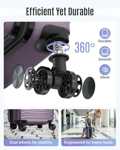 LIGHT FLIGHT Expandable Carry On Luggage 22x14x9 Airline Approved with Double Spinner Wheels, 20 Inch Lightweight Hard Shell Rolling Suitcases with TSA Lock, Purple