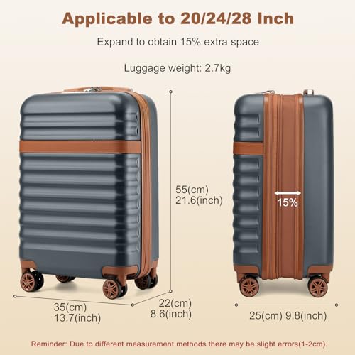 Kono Carry On Luggage 22x14x9 Expandable 20Inch Hardshell TSA Lock Grey