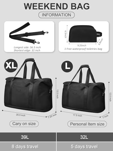 Expandable Travel Duffle Bag, Waterproof Weekender Overnight Bags for Women Men Hospital Bag for Women Labor Delivery Carry on Bag with Toiletry Bag for Travel Gym Airplanes(Black, X-Large)
