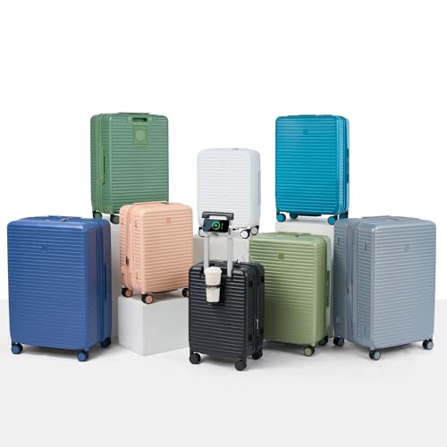 HanTrip Hard Shell Suitcases 20 Inch Carry on Luggage Airline Approved, Expandable Travel Luggage with Cup Holder Charger Built in Lightweight Small Suitcase with Wheels, Pink