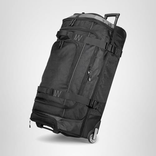 Amazon Basics 35-inch Large Rolling Duffel Bag with Wheels and Handle, Travel Duffle with Durable Ripstop Polyester Material, 2 Layers of Storage Space, Multiple Interior and Exterior Pockets, Black