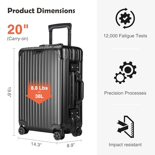 LUGMST 20 Inch All Aluminum Carry On Luggage, Aluminum Hard Shell Zipperless Suitcase with TSA Lock, Small Carry On Suitcase for Short Trips